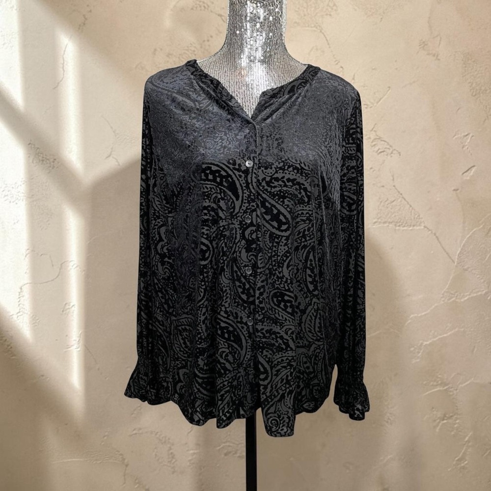 Whimsigoth Paisley Tunic Top Black Velvet Burnout Long Sleeve Boho Smocked 18W